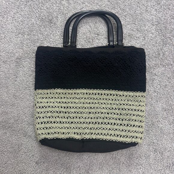 Unbranded Crochet Woven Top Handle Tote Bag Womens Black Beige Color Block Boho - Picture 2 of 8